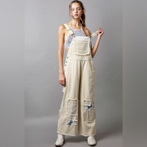 Lace Patchwork Wide Leg Denim Overalls - Pol